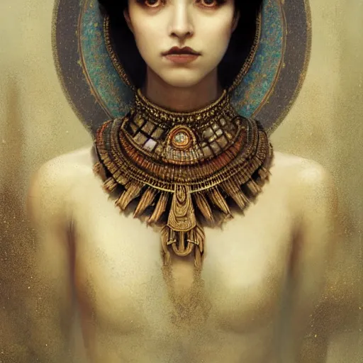 Image similar to like dust, magic gathers in overlooked places, photorealistic portrait of cleopatra in style of tom bagshaw and greg rutkowski. absolutely stunning!, sitting on the palace stairs, symmetrical perfect face, porcelain skin, ultra - detailed, digital art, 8 k