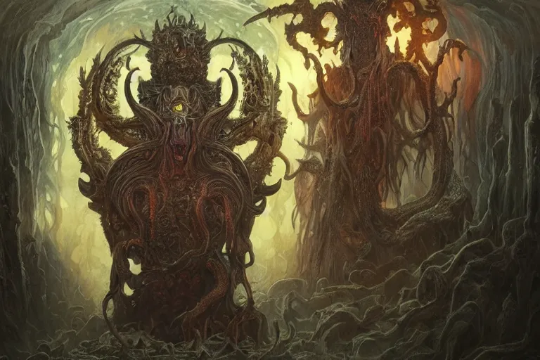 Image similar to a lovecraftian painting of a demonic shrine, occult, demon summoning, hell gate, cosmic horror elements, ultra realistic, concept art, intricate details, eerie, highly detailed, photorealistic, octane render, 8 k, unreal engine. art by artgerm and greg rutkowski and alphonse mucha