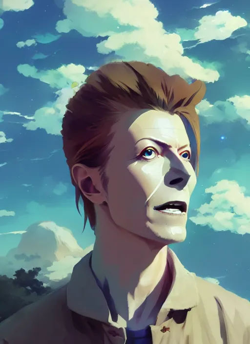 Prompt: portrait of david bowie, cloudy sky background lush landscape illustration concept art anime key visual trending pixiv fanbox by wlop and greg rutkowski and makoto shinkai and studio ghibli