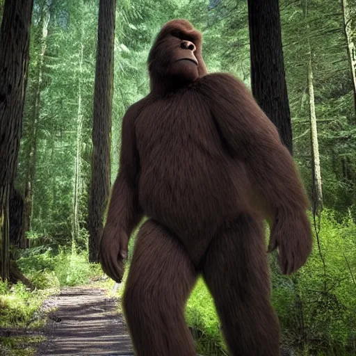 Image similar to Bigfoot walking through the forest, trailcam footage, 4K details