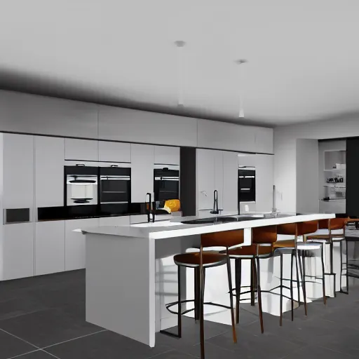 Prompt: modern kitchen with rgb led strip lighting, homes and gardens, super detailed render, award winning,