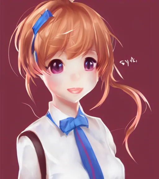 Prompt: portrait of Sayori from Doki Doki Literature Club, detailed facial features, optimistic colors, bright eyes, clear eyes, warm smile, delicate, red bow, school girl, by artgerm
