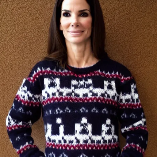 Image similar to a hand knit wool sweater with a sandra bullock face pattern
