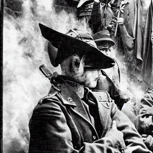 Image similar to wizards and witches in ww 2, historical photography, black and white
