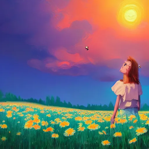 Image similar to girl with a giant daisies head, surreal photography, flower field, sunset dramatic light, impressionist painting, colorful clouds, blue sky, digital painting, artstation, simon stalenhag