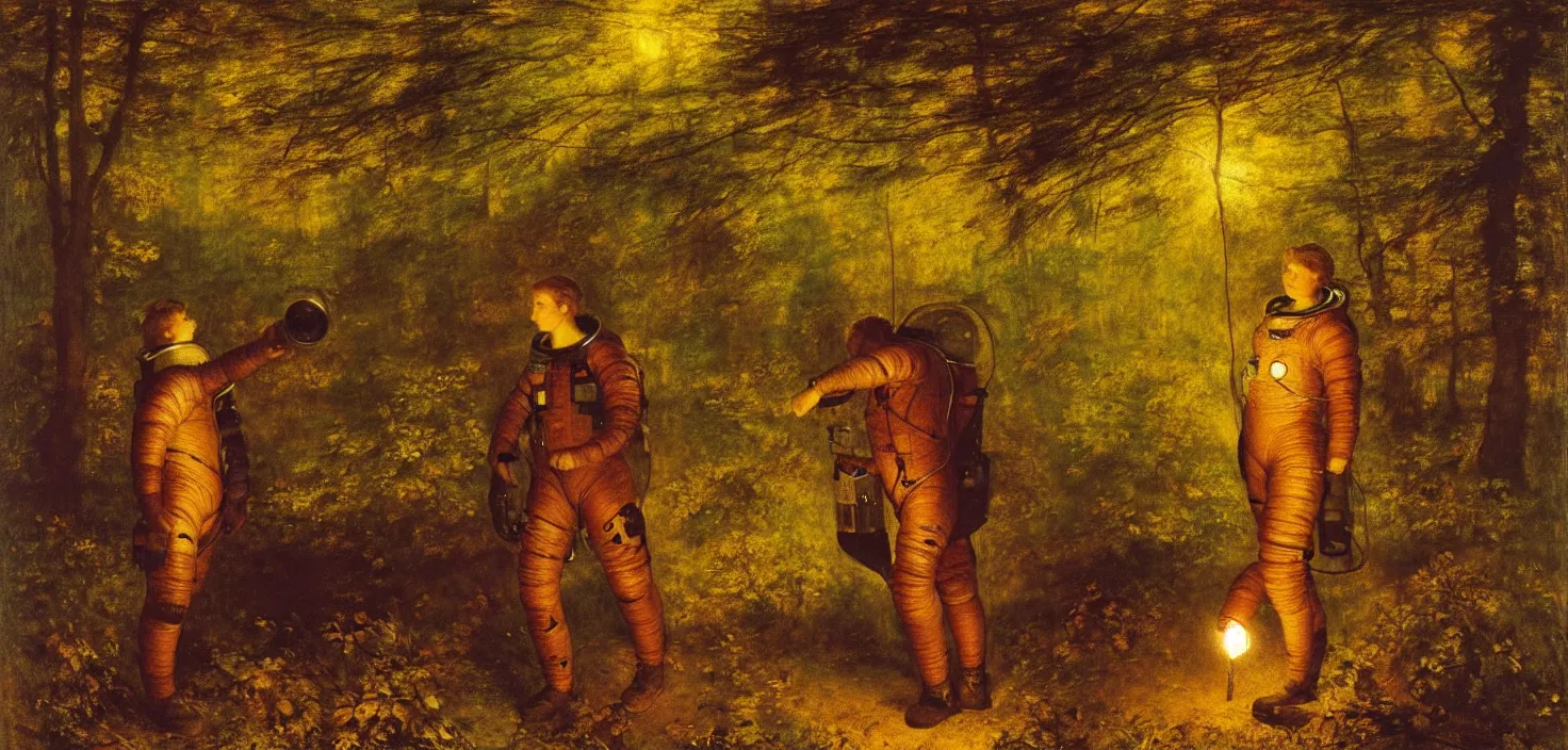 Image similar to an astronaut is in the woods, holding a torch ， by george frederick watts 1 8 8 6