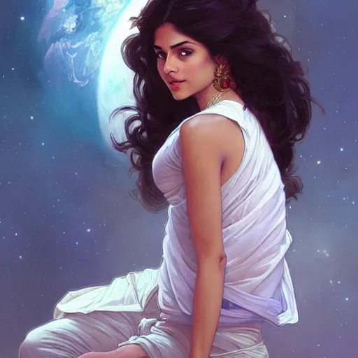 Image similar to Sensuous good looking pale young Indian doctors wearing jeans in a space station above Earth, portrait, elegant, intricate, digital painting, artstation, concept art, smooth, sharp focus, illustration, art by artgerm and greg rutkowski and alphonse mucha