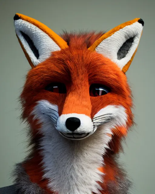 Image similar to portrait photo headshot still of a fursuit, fox, 8 k, 8 5 mm f 1. 8, fursuit