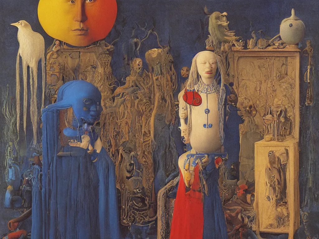 Image similar to portrait of albino mystic with blue eyes, with beautiful exotic, archaic, prehistoric, simple, giant Indian Tantric mask, sculpture. Night. Painting by Jan van Eyck, Audubon, Rene Magritte, Agnes Pelton, Max Ernst, Walton Ford