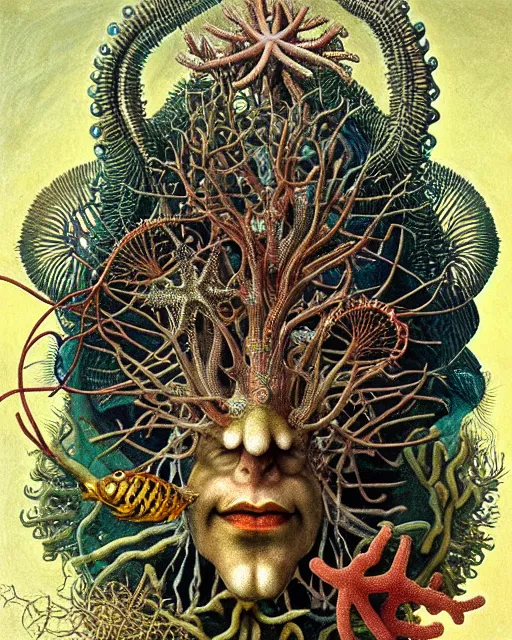 Image similar to hyperrealistic detailed underwater face portrait of the beautiful god of the fish with an intricate headgear of corals, sea kelp, sea plants, fish, starfish, jellyfish, art by ernst haeckel, hieronymus bosch, james jean, gothic, neo - gothic, ornamental, beautiful deep colours,