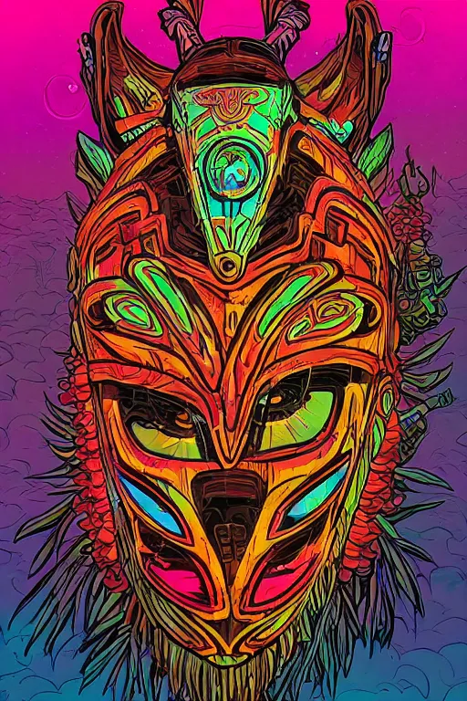 Image similar to totem animal tribal chaman vodoo mask feather gemstone plant wood rock video game illustration vivid color borderlands by josan gonzales and dan mumford radiating a glowing aura