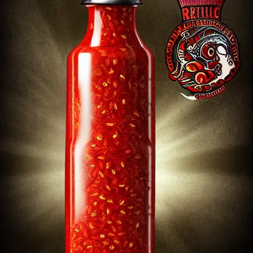 Prompt: Photorealistic hot sauce bottle with writhing souls inside. Hyperdetailed photorealism, 108 megapixels, sinister color scheme, artstation concept art
