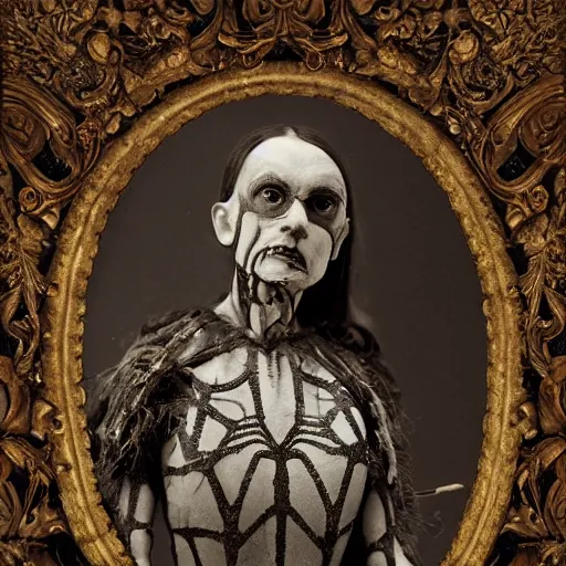 Image similar to 1860 photo of an old freak show spider-woman, on the middle of a forest, spooky , veins, arteries, intricate, golden ratio, full frame, elegant, highly detailed, ornate, ornament, sculpture, elegant , luxury, beautifully lit, ray trace, 3d, PBR