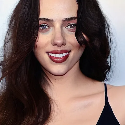 Image similar to a woman who is a genetic combination of kim kardashian and kat dennings and scarlett johansson and margot robbie and emma watson, face and upper - body focus