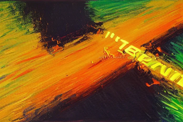 Image similar to a painting by Wayne Thiebaud of an Nvidia GeForce RTX 3090 GPU that has caught on fire, GeForce RTX 3090 on fire, cooling, high specs, ethereal!!!!!!!, by Wayne Thiebaud, neon gradient, nvidia promotional image