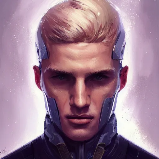 Prompt: portrait of a man by greg rutkowski, he is about 3 0 years old, short blond hair, athletic and strong, straight jaw, looking puzzled, wearing futuristic space gear, highly detailed portrait, digital painting, artstation, concept art, smooth, sharp foccus ilustration, artstation hq.