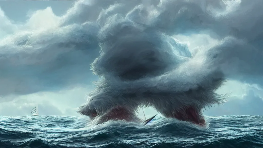 Image similar to a gigantic cat bursting out of a stormy sea attacking a small sail boat, wet fur, giant waves, sunbeams in background, intricate, detailed, volumetric lighting, sharp focus, scenery, photorealism, digital painting, highly detailed, concept art, by roger dean and simon stalenhag and mark brooks