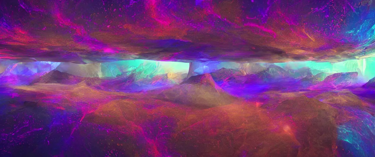 Image similar to dream landscape, simulation, glitch, volumetric object, physical particles, translucence, cinematic lighting, iridescence, by ash thorpe