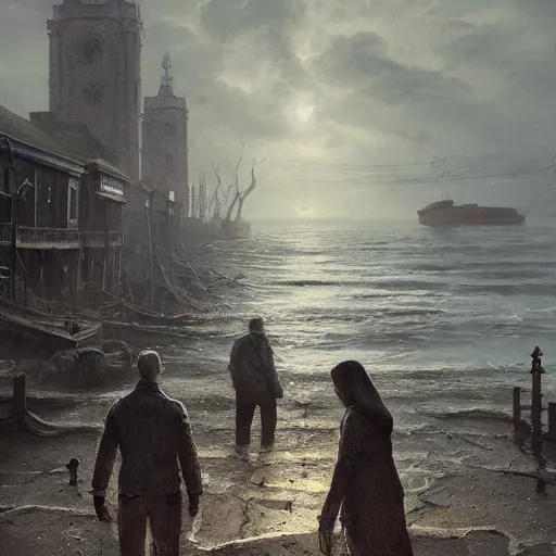 Image similar to shadow over innsmouth, people walking out of the water, painted by seb mckinnon, high detail, dramatic light, digital art, painted by greg rutkowski, promotional movie posterart, trending on artstation