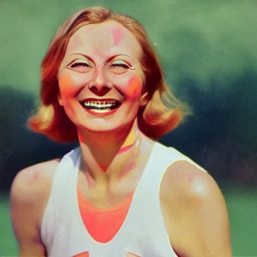 Image similar to a 1 9 2 8 color portrait. happy, healthy, smiling, sporty, glowing greta garbo in athletic wear with big smile and healthy teeth. colorful, realistic, high quality.
