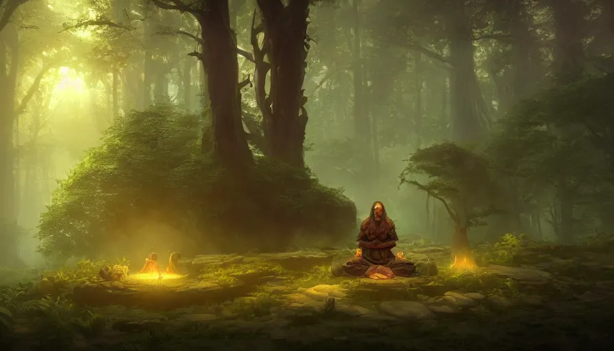 Prompt: druid meditating - conjuction, by renato muccillo and andreas rocha and eddie mendoza, trending on artstation hq, deviantart, unreal engine 5, 4 k uhd image