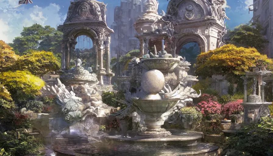 Image similar to craig mullins and studio ghibli illustration of a sculpture of the sun on top of a fountain in a garden, flowers, unreal engine, hyper realism, realistic shading, cinematic composition, realistic render, octane render, detailed textures, photorealistic, wide shot