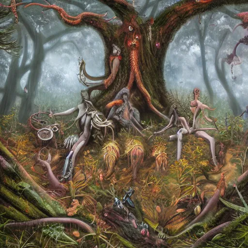 Image similar to painting of the beings of the forest, fantasy, surreal, very detailed, 8k