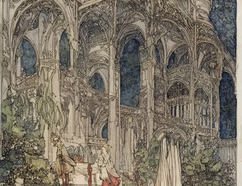 Prompt: a detailed, intricate watercolor and ink illustration with fine lines of the view from the river of an art nouveau arabian palace, by arthur rackham and edmund dulac and lisbeth zwerger