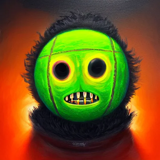 Image similar to a tennis ball monster starring into the camera, fixed eyes, flowing black coat with glowing neon orange trim, inside a museum, colorful, surreal, dramatic lighting, face, detailed, intricate, elegant, highly detailed, digital painting, artstation, chalk, concept art, smooth, sharp focus, illustration, art by basil gogos and sam pratt