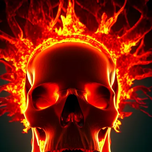 Image similar to a highly detailed human skull on fire in front of a glowing red background, 3 d, fire through eyes, octane render, symmetrical, hyper realism, highly detailed, digital art, artstation, concept art, cinematic lighting, strong bokeh, trending