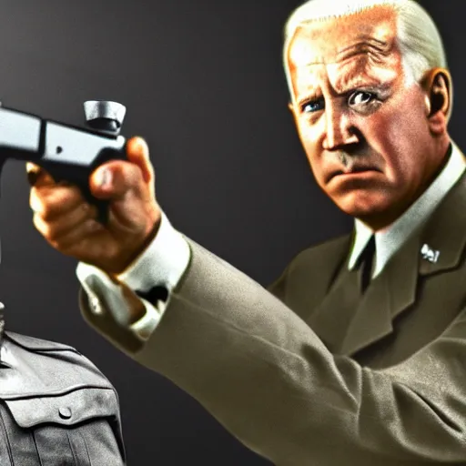 Image similar to adolf hitler shooting joe biden with a pistol, octane render, 4 k, hyper detailed.