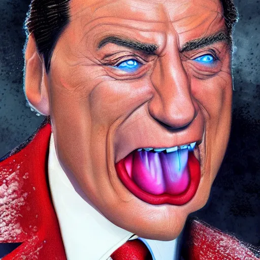 Prompt: Silvio Berlusconi with lots of snow on nostrils and tongue, open mouth extreme close up, hyper realistic and colorful, trending on artstation