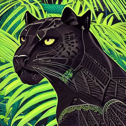 Image similar to artdeco illustration of one beautiful majestic black panther. beautiful. mysterious. intricately detailed. meticulously rendered. background is a jungle. epic skym hd. trending on art station. h 7 6 8