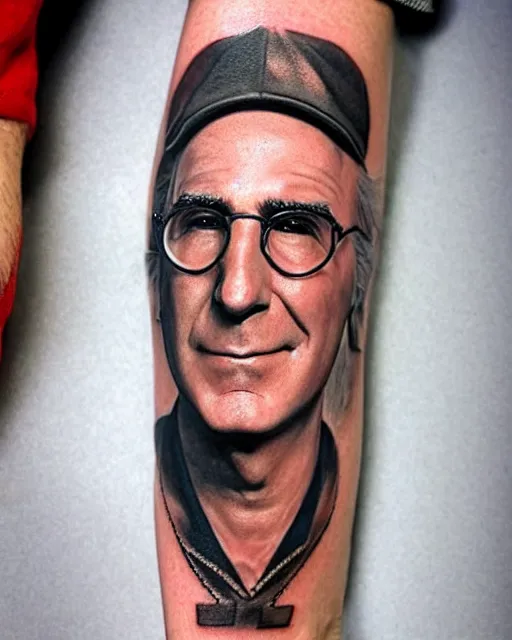 Image similar to a really bad tattoo of larry david, realism tattoo