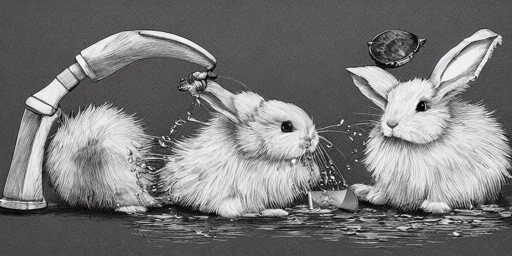 Prompt: a cute fluffy rabbit cutting through water with a flint knife in a lowbrow, pop surrealism art style, photorealism, intricate, line-drawing, black ink on white paper