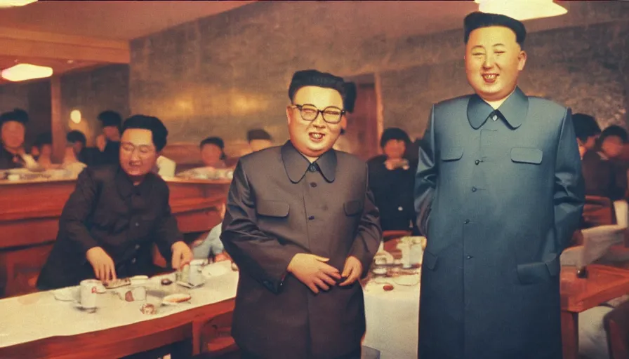 Prompt: 70s movie still of north korean restaurant with kim il-sung portrait, eastmancolor, heavy grain, high quality, higly detailed