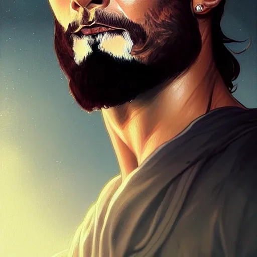 Image similar to Cristiano Ronaldo with a majestic beard, closeup, D&D, fantasy, intricate, elegant, highly detailed, digital painting, artstation, concept art, matte, sharp focus, illustration, art by Artgerm and Greg Rutkowski and Alphonse Mucha