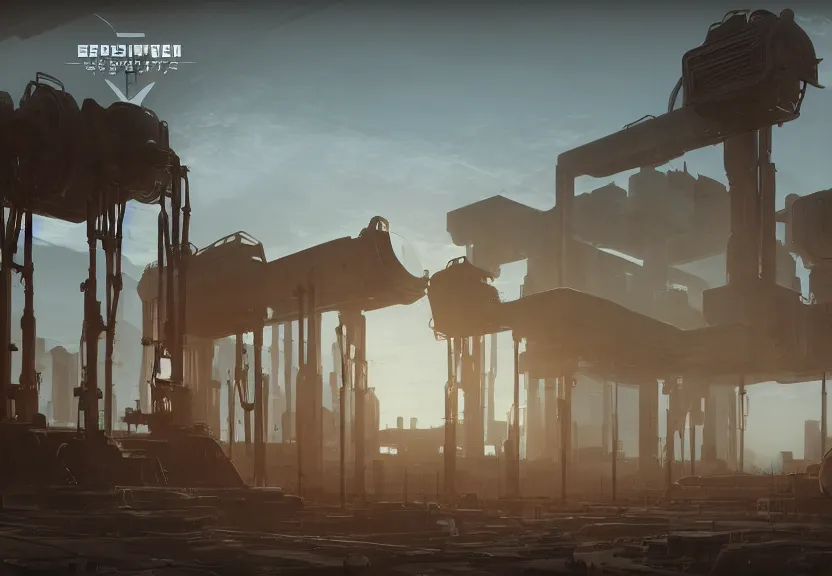 prompthunt: a minimalist scifi brutalist maschinen krieger robot factory at  the golden hour with columns of steam, ilm, beeple, star citizen halo, mass  effect, bladerunner, elysium