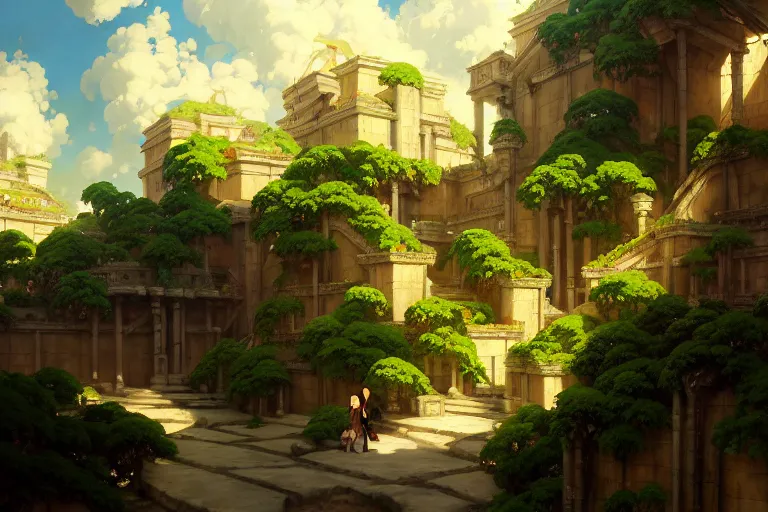 Image similar to baroque oil painting of anime key visual environment concept art of hanging gardens of babylon, brutalist, dark fantasy, rule of thirds, cinematic lighting, fake hidden detail, trending on pixiv fanbox, acrylic palette knife and brush, style of makoto shinkai studio ghibli genshin impact jamie wyeth james gilleard greg rutkowski