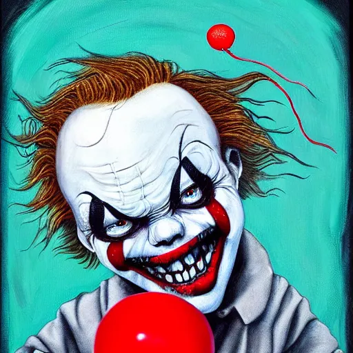 Image similar to grunge painting of donald trump with a wide smile and a red balloon by chris leib, loony toons style, pennywise style, corpse bride style, horror theme, detailed, elegant, intricate