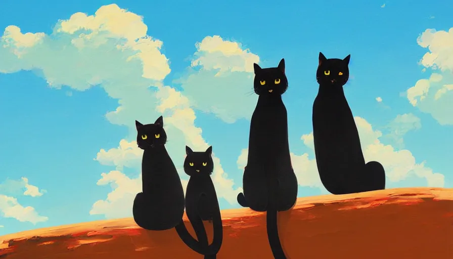 Prompt: contemporary semi abstract acrylic painting of really tall sitting cats by makoto shinkai, thick brush strokes and visible paint layers, glistening clouds in background