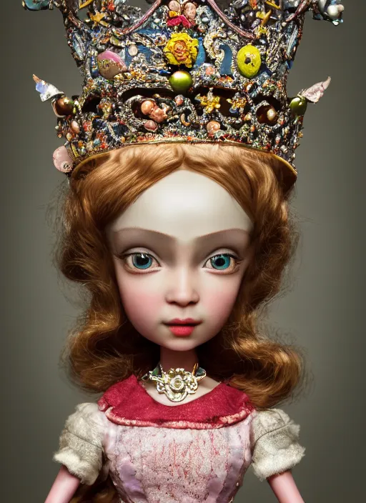 Image similar to closeup portrait of tin toy fairytale princess wearing a crown, depth of field, zeiss lens, detailed, symmetrical, centered, fashion photoshoot, by ray caesar, nicoletta ceccoli, mark ryden, lostfish, breathtaking, 8 k resolution, extremely detailed, beautiful, establishing shot, artistic, hyperrealistic, octane render