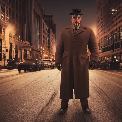 Prompt: a picture of a man with the face of a brown llama, wearing a 1 9 4 0's noire detective outfit, standing in the streets of chicago at night, 4 k octane render highly realistic photograph