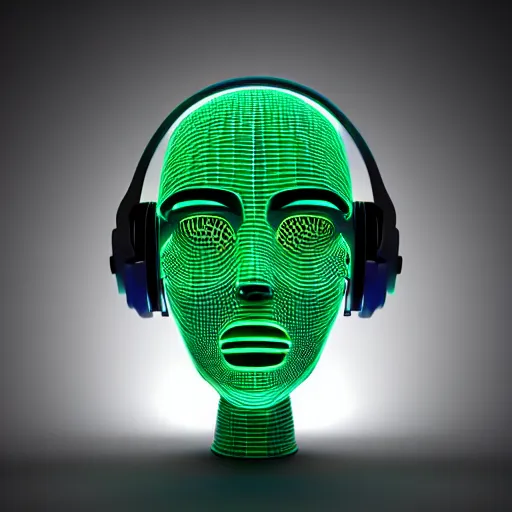 Prompt: a glossy claymodel of a tribal futurism robot head with glowing headphones, 8 k, symetrical, flourescent colors, halluzinogenic, multicolored, very detailed, black background, 3 d render,