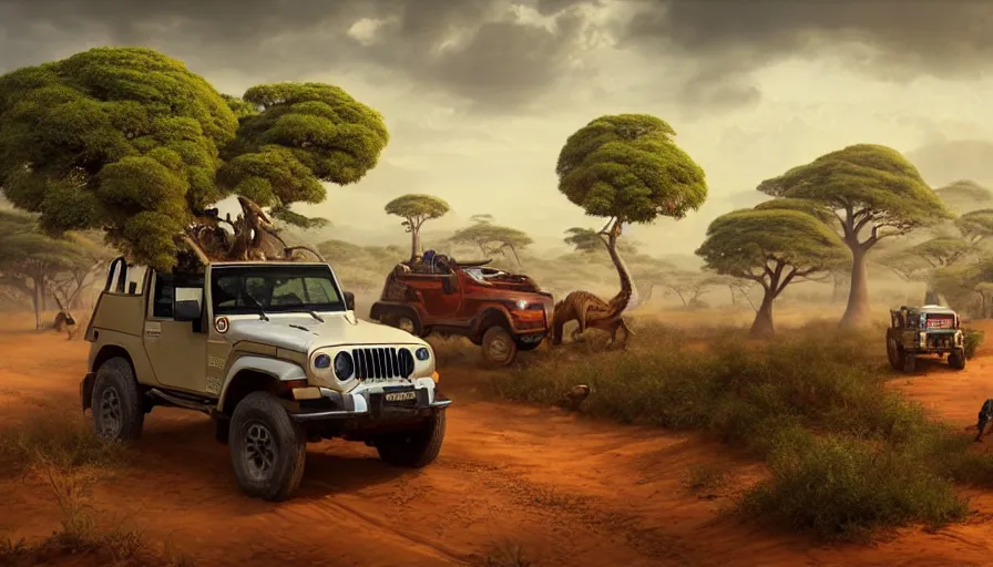 Image similar to mahindra thar driving through madagascar road with baobabs trees, animals running along, tribe members attacking, action scene, an epic fantasy, wide shot, artgerm, trending on artstation, masterpiece, by greg rutkowski, by ross tran, by fenghua zhong, octane, soft render, ultrarealistic, colorful, cinematic, midsommar