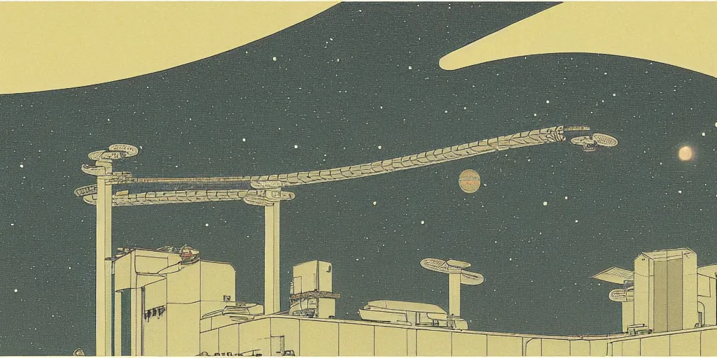 Image similar to a space station by kawase hasui. hd