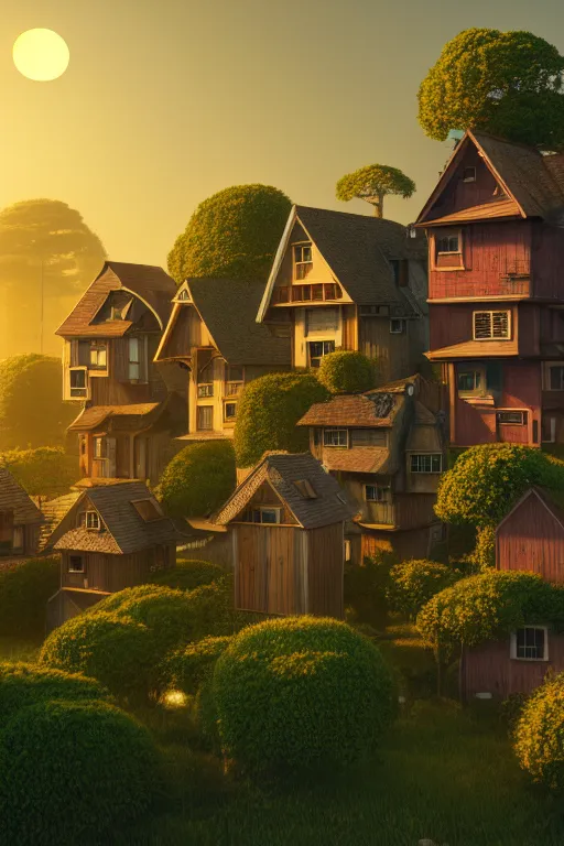 Image similar to stacked houses, solarpunk, golden hour, studio ghibli, jean - baptiste monge, octane render, 4 k