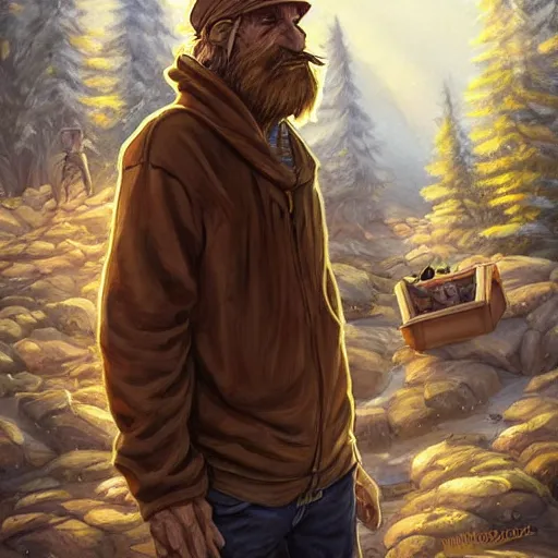 Image similar to clear portrait of homeless guy, adorable appearance!!!, golden hour, happy apearance, cottagecore!!, background hyper detailed, character concept, full body, dynamic pose, intricate, elegant, highly detailed, digital painting, artstation, concept art, smooth, sharp focus, illustration, art by artgerm and greg rutkowski and alphonse mucha