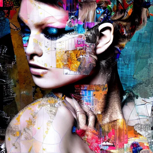 Image similar to roman goddess, contemporary collage, highly detailed, digital painting, 4 k, hdr, punk, fashion, smooth, sharp focus, art by nick knight, sandra chevrier and john hoyland