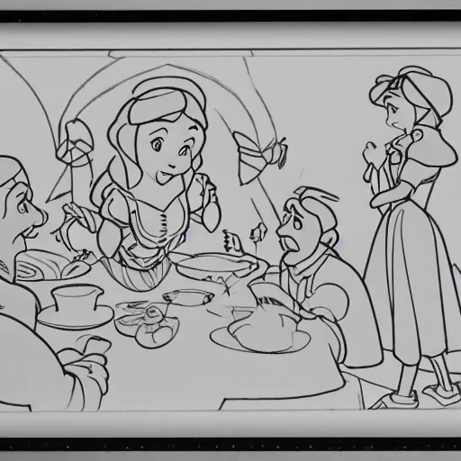 Prompt: hand - drawn outline pencil animation frame from snow white and the seven dwarves, by disney